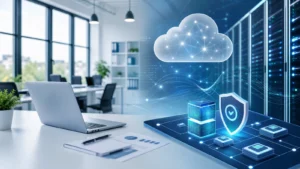 Illustrazione di cloud computing e cybersecurity per il Voucher Cloud e Cybersecurity 2026 dedicato a PMI e professionisti